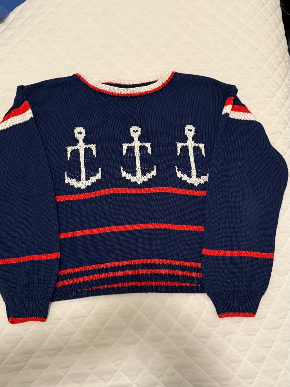 Vintage Nautical Knit Sweater Navy Blue with Red Stripes and white Anchors